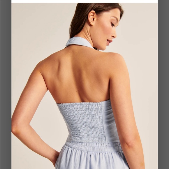Abercrombie Linen-Blend Pull-On Wide Leg Pants and Halter Top SET, Light Blue S - Picture 6 of 7